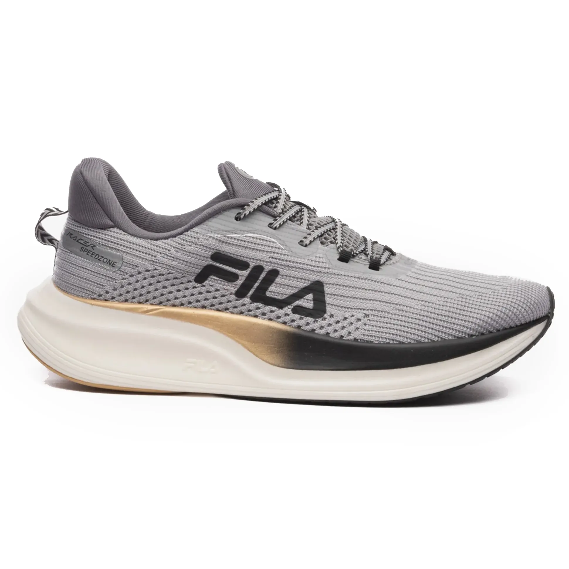 Tênis de treino masculino Fila Racer Speedzone cinza com detalhes dourados e solado branco